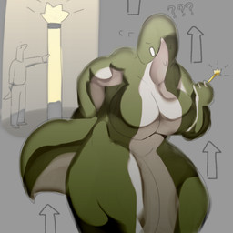 anthro artifact big_breasts biped bodily_fluids body_size_growth bottomwear breasts clothing directional_arrow empty_eyes featureless_breasts featureless_crotch female gender_transformation green_body green_skin grey_background growth hand_behind_back holding_artifact holding_object huge_thighs long_neck male mtf_transformation multicolored_body multicolored_skin muscle_growth muscular muscular_anthro muscular_female pants question_mark shirt shocked simple_background size_transformation solo sweat thick_thighs topwear transformation two_tone_body two_tone_skin white_body white_skin psznnp lizard reptile scalie 1:1 2020