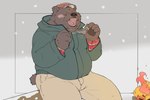 anthro black_nose blush bottomwear brown_body brown_fur campfire clothing eating eyes_closed fire food fur hat headgear headwear humanoid_hands kemono male outside overweight overweight_male pants sitting snow snowing solo sweater topwear inunoshippo bear mammal 2022