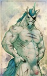 abs anthro areola athletic balls beard biceps big_muscles biped blue_eyes blue_hair blue_mane blue_tail clothing eye_patch eyewear facial_hair flaccid foreskin front_view fur genitals hair hands_on_hips horn humanoid_genitalia humanoid_penis looking_at_viewer male mane musclegut muscular muscular_anthro muscular_male nipples nude partially_retracted_foreskin pecs penis pose scar simple_background solo standing tail vein white_body white_fur pockyrumz mythology inorog equid equine mammal mythological_creature mythological_equine unicorn 2014