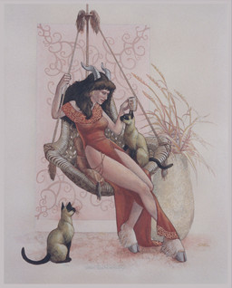 ambiguous_gender black_hair breasts brown_body brown_fur clothing container cup dress ear_piercing ear_ring female feral fur group hair holding_container holding_cup holding_mug holding_object hooves horn mug piercing red_clothing red_dress ring_piercing sitting size_difference smile tail whiskers susan_van_camp domestic_cat felid feline felis humanoid mammal absurd_res hi_res traditional_media_(artwork)