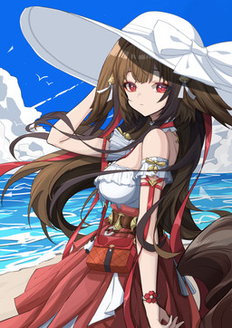 beach breasts brown_hair brown_tail clothed clothed_female clothed_humanoid clothing cloud dress female fully_clothed fully_clothed_female fully_clothed_humanoid hair hat headgear headwear light_body light_skin outside red_clothing red_dress red_eyes sea sky solo sun_hat tail water mutsu_aya mihoyo zenless_zone_zero ye_shunguang animal_humanoid canid canid_humanoid canine canine_humanoid fox_humanoid humanoid mammal mammal_humanoid thiren 2026 absurd_res half-length_portrait hi_res portrait