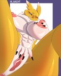 anthro big_breasts black_sclera breasts close-up female fur genitals huge_breasts nipples nude pussy simple_background solo spread_legs spreading white_body white_fur yellow_body yellow_fur winter_nacht bandai_namco digimon canid digimon_(species) mammal renamon 4:5 absurd_res hi_res