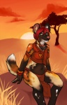 african_wild_dog anthro biped black_body black_fur bottomwear breasts brown_body brown_fur brown_tail canid canine clothed clothing demicoeur digital_media_(artwork) ear_piercing female fur grass hair loincloth looking_at_viewer mammal navel outside piercing pink_nose pizza_(lolautumn) plant red_hair sitting skimpy solo sun tail tree white_body white_fur white_tail