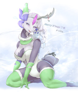 3_fingers anthro antlers asymmetry breasts christmas_clothing christmas_headwear claws clothing costume female finger_claws fingers fur grey_body grey_skin hair hat headgear headwear holidays horn ice legwear leotard long_neck looking_at_viewer navel non-mammal_breasts open_mouth purple_eyes santa_costume santa_dress santa_hat simple_background sitting sitting_on_ground solo stockings tail white_hair watte christmas mythology nintendo pokemon shirokyure_(watte) dragon generation_5_pokemon kyurem legendary_pokemon mythological_creature mythological_scalie pokemon_(species) scalie shiny_pokemon white_kyurem absurd_res hi_res