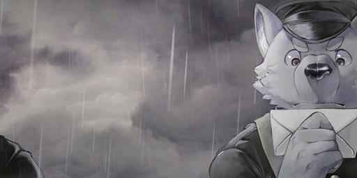 anthro biped brown_body brown_fur clothing cloud detailed_background duo fur hat headgear headwear humanoid_hands kemono letter male outside raining shirt topwear kijimaru canid canine canis domestic_dog mammal 2016