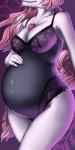 anthro belly big_belly bodysuit clothing female hair hand_on_belly heart_symbol jewelry lingerie necklace pink_hair pregnant pregnant_anthro pregnant_female skinsuit smile solo tail teddy_(clothing) tight_clothing lady_snakebite bellecandie canid canine fox mammal 1:2 hi_res