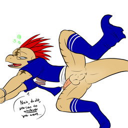 anthro anus backsack balls biped bottomless claws clothed clothing cuff_(restraint) dialogue drunk erection eyewear footwear genitals glasses hair handcuffs hypnosis inviting legwear looking_at_viewer lying male metal_cuffs mind_control nude penis raised_leg red_hair restraints shackles socks solo speech_bubble spiky_hair spiral spiral_eyes spread_legs spreading submissive submissive_male substance_intoxication tail talking_to_viewer text toe_claws nx-42 immelmann_(character) dinosaur dromaeosaurid prehistoric_species reptile scalie theropod velociraptor 1:1 english_text