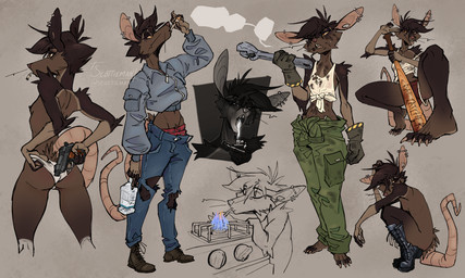 anthro baseball_bat bat_(object) boots boots_only bottle bottomwear breasts brown_body brown_fur buckteeth butt cigarette cigarette_in_mouth clothed clothing container crop_top denim denim_bottomwear denim_clothing dirty_shirt ear_piercing ear_ring female fire footwear footwear_only fur gun hairless_tail handgun holding_bottle holding_container holding_gun holding_handgun holding_object holding_pistol holding_ranged_weapon holding_tool holding_weapon holding_wrench jeans lighter mechanic mostly_nude multiple_outfits nipples nude nude_female object_in_mouth overalls panties panties_only pants piercing pistol ranged_weapon ring_piercing shirt shoes skinny_anthro skinny_female slim small_breasts solo teeth tools topless topwear torn_bottomwear torn_clothing torn_jeans torn_pants underwear underwear_only weapon wrench scottieman fabbrica_d'armi_pietro_beretta clauren_(scottieman) mammal murid murine rat rodent 5:3 hi_res