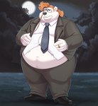 anthro belly clothing eyewear full_moon fur glasses hair male moon navel necktie night orange_hair overweight overweight_anthro overweight_male solo suit wardrobe_malfunction white_body white_fur polartoons dusk_acres allister_carver bear mammal polar_bear ursine hi_res