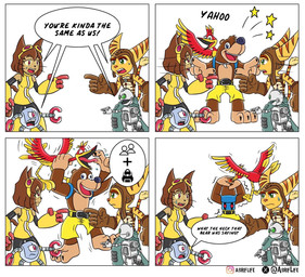 angry anthro argument dialogue duo female group machine male male/female speech_bubble striped_body stripes talking_to_another text banjo-kazooie gameoverse glitch_productions rareware ratchet_and_clank sony_corporation sony_interactive_entertainment banjo_(banjo-kazooie) clank_(ratchet_and_clank) kaboodle_(gameoverse) kazooie kit_bodega ratchet_(ratchet_and_clank) avian bear bird domestic_cat felid feline felis lombax mammal robot comic crossover english_text hi_res
