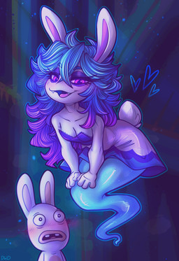 anthro blue_hair clothed clothing cute_fangs dress duo eyelashes eyeshadow fangs female floating fully_clothed fur hair heart_symbol makeup male narrowed_eyes purple_eyeshadow short_tail smile tail teeth white_body white_fur dimwitdog mario_bros mario_plus_rabbids_sparks_of_hope nintendo raving_rabbids rayman_(series) ubisoft midnite_(mario_plus_rabbids) ghost lagomorph leporid mammal rabbid rabbit spirit 2023 absurd_res hi_res