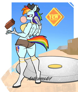 abstract_background anthro anthrofied baseball_bat baseball_cap bat_(object) big_breasts blue_body blue_fur bottomwear breasts brick brown_bottomwear brown_clothing brown_hotpants brown_shorts bubble_gum butt clothing cosplay crop_top crossover_cosplay curvy_figure cutie_mark eyelashes feathered_wings feathers female fluffy fluffy_tail fur hand_wraps hat headgear headwear hooves hotpants long_socks long_tail mane multicolored_mane multicolored_tail pink_eyes rainbow_mane rainbow_tail shirt shorts solo tail text thick_thighs topwear voluptuous voluptuous_anthro voluptuous_female wide_hipped_anthro wide_hipped_female wide_hips wings wraps yellow_clothing yellow_crop_top yellow_shirt yellow_topwear aabramsart friendship_is_magic hasbro my_little_pony mythology team_fortress_2 valve rainbow_dash_(mlp) scout_(team_fortress_2) equid equine mammal mythological_creature mythological_equine pegasus 2026 artist_name crossover digital_drawing_(artwork) digital_media_(artwork) hi_res watermark