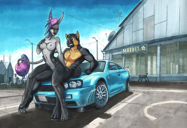 4_toes 5_fingers animal_genitalia anthro anthro_on_anthro anthro_penetrated anthro_penetrating breasts canine_genitalia car detailed_background duo feet female fingers fur genitals hair hand_on_breast knot knotted_penis male male/female multicolored_body multicolored_fur multicolored_hair nipples on_bottom on_top outside penetration penis public public_sex reverse_cowgirl_position sex sex_on_car sex_on_vehicle toes vehicle vulva ewgengster nissan nissan_gt-r nissan_skyline martin_(qckslvrslash) naomi_(dragonhenge) acrador canid canine canis domestic_dog jackal mammal 2020 marker_(artwork) traditional_media_(artwork)