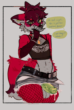 anthro bodily_fluids choker clothed clothing costume crossdressing embarrassed erection femboy fishnet_clothing forced forced_crossdressing genital_fluids jewelry leaking_precum male navel navel_piercing necklace piercing possession precum solo speech_bubble spirit_(chostrawbie) chostrawbie canid canine fox mammal absurd_res hi_res