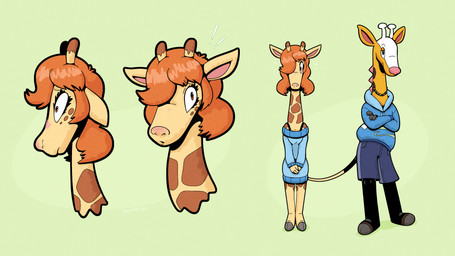anthro antlers blue_eyes bottomless bottomless_female bra_strap clothed clothing cloven_hooves crossed_arms digitigrade duo female fur hair hooves horn jacket male markings orange_eyes orange_hair ossicone pink_nose plantigrade spikes spikes_(anatomy) spots spotted_body spotted_fur sweater topwear yellow_body yellow_fur trevor-fox nintendo pokemon kyp_(character) trevor-fox_(character) generation_2_pokemon girafarig giraffe giraffid mammal pokemon_(species) 16:9 hi_res widescreen nonbinary_(lore)