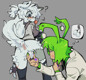 anthro anus backsack ball_grab balls blep blush clothing coat confusion curled_tail duo eyewear femboy fur genitals glasses green_hair grey_background hair holding_balls hoodie humanoid_on_anthro lab_coat legwear looking_pleasured male male/male male_anthro male_humanoid pom_poms ponytail question_mark rear_view simple_background standing stitch_(sewing) tail tail_anus thigh_highs thinking thought_bubble tongue tongue_out topwear wearing_glasses white_body white_fur white_hair btascandalist beef_(btascandalist) animal_humanoid canid canid_humanoid canine canine_humanoid canis dog_humanoid domestic_dog humanoid mammal mammal_humanoid better_version_at_source