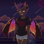 anthro bottomwear clothing hair iridescent iridescent_wings male rooftop shooting_star short_hair short_stack shorts solmyriad solo sparkles sunset wings katciao hazbin_hotel nightsky bat mammal 1:1 absurd_res hi_res