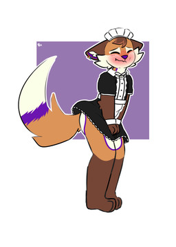 anthro blush blushing_profusely butt clothed clothing crossdressing crossdressing_male cuff_(restraint) ear_piercing embarrassed eyes_closed fur holding_skirt_down maid_headdress maid_uniform male orange_body orange_fur piercing purple_body purple_fur restraints simple_background solo standing uniform white_body white_fur wrist_cuffs jax_collie mochafox_(itsmochafox) canid canine fox mammal red_fox true_fox hi_res
