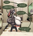 anthro appliance bathroom bathtub belly big_belly big_butt black_eyebrows bodily_fluids breasts buckteeth butt crying dialogue ears_down eyebrows featureless_breasts female furniture grey_body grey_ears grey_tail huge_belly huge_butt hyper hyper_belly inside laundry_machine looking_at_mirror looking_at_object mirror morbidly_obese morbidly_obese_anthro morbidly_obese_female obese obese_anthro obese_female open_mouth overweight overweight_anthro overweight_female pink_inner_ear pink_tongue pivoted_ears purple_eyes red_mouth regret sad scut_tail short_stack short_tail side_view sink solo speech_bubble standing_on_stool stool tail tears teeth text tongue washing_machine weight_gain white_belly muldithekobold disney zootopia judy_hopps lagomorph leporid mammal rabbit 2024 colored digital_media_(artwork) english_text hi_res shaded