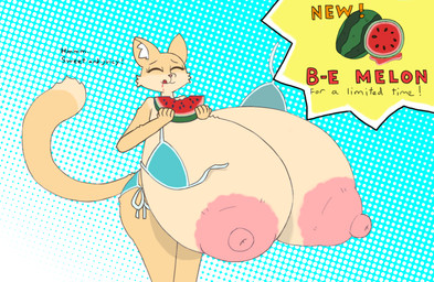 anthro areola big_areola big_breasts big_nipples bikini breast_expansion breast_growth breasts clothing expansion exposed_breasts female food fruit growth huge_areola huge_breasts huge_nipples hyper hyper_breasts melon nipples pink_areola pink_nipples plant solo swimwear tongue tongue_out two-piece_swimsuit wafflecat felid feline mammal character_request