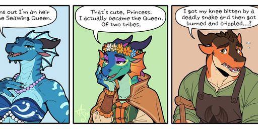 anthro blue_body clothing female horn male text arkcia mythology wings_of_fire clay_(wof) glory_(wof) tsunami_(wof) dragon mythological_creature mythological_scalie scalie comic english_text