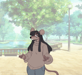 abs anthro big_breasts black_hair body_size_growth breast_expansion breasts brutification clothing collar expansion female flexing genitals green_hair growth hair hand_on_hip lamp latex looking_at_viewer muscle_growth muscular muscular_female navel nipples outside pink_clothing size_transformation smile solo species_transformation sweater tail tongue tongue_out topwear transformation vulva scarfyace hyena mammal mouse murid murine rodent 2025 2d_animation animated digital_media_(artwork)