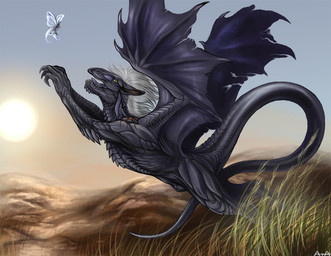 animal_genitalia black_body black_scales claws eye_contact feral fully_sheathed genitals grass green_eyes grey_hair hair insect_wings looking_at_another male membrane_(anatomy) membranous_wings mountain open_mouth outside plant scales scar sheath sky solo sun tail tongue wings rukis mythology arthropod butterfly dragon insect lepidopteran mythological_creature mythological_scalie scalie small_cabbage_white