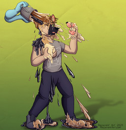 biped black_body black_claws black_nose bottomwear breast_grab breasts brown_body claws clothing disembodied_hand dripping featureless_breasts feet finger_claws fingers footwear gender_transformation ghost_hand glistening goo_drip goo_puddle goo_transformation grade gradient_background green_background green_eyes hand_on_breast human_to_anthro inner_ear_fluff latex liquid_latex male mid_transformation mtf_transformation multicolored_body one_eye_closed open_mouth pants pawpads pink_pawpads plant plantigrade shirt shocked shoes simple_background snout species_transformation standing surprised t-shirt tan_body text thick_fingers toe_claws toes topwear transformation tuft recurrent canid canine canis domestic_dog german_shepherd goo_creature herding_dog human latex_creature mammal pastoral_dog 2025 artist_name hi_res shaded url