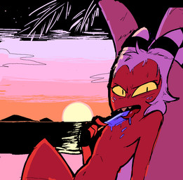 beach bodily_fluids dessert food ice_cream ice_cream_on_pecs looking_at_viewer male nude_male solo sunset sweat sweatdrop afuckingcamel-zenge-art_(artist) hellaverse helluva_boss moxxie_(helluva_boss) humanoid