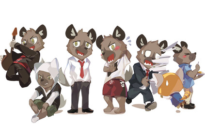 anthro barefoot blush bottomwear clothing electric_guitar fangs feet footwear group guitar male musical_instrument necktie open_mouth plucked_string_instrument shoes shorts simple_background sitting standing string_instrument suit teeth white_background gundanw aggretsuko sanrio haida_(aggretsuko) retsuko ailurid hyena mammal red_panda spotted_hyena 2018 hi_res