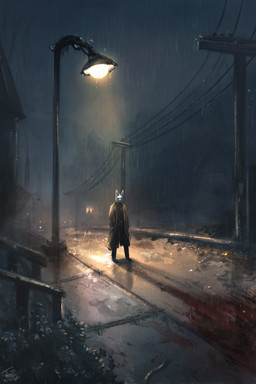 anthro biped clothed clothing detailed_background fur night outside raining solo standing street street_lamp white_body white_fur tomtc dr_rabbit_(tomtc) lagomorph leporid mammal rabbit 2021 2:3 hi_res