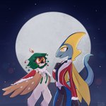 anthro beak biped brown_body duo full_moon looking_at_another male moon standing wings dawciday nintendo pokemon avian decidueye generation_7_pokemon generation_8_pokemon inteleon pokemon_(species) reptile scalie 1:1 2023 hi_res signature