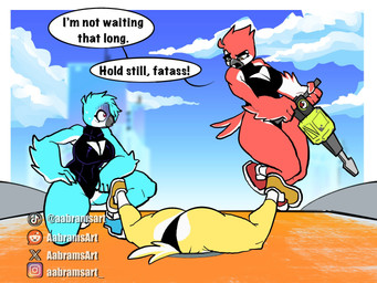 anthro beak big_breasts big_butt black_clothing black_leotard blue_body blue_clothing blue_feathers blue_footwear blue_hair blue_shoes blue_sky blue_sneakers breasts butt cleavage_cutout clothing curvy_figure cutout day dialogue eyelashes feathered_arms feathers female flying footwear group hair hair_over_eye huge_thighs instagram_logo jackhammer kneeling latex latex_clothing latex_leotard leotard manhole open_mouth outside power_tool red_body red_clothing red_eyes red_feathers red_footwear red_shoes red_sneakers reddit_logo shoes sky sneakers stuck stuck_in_ground tail tail_feathers text thick_thighs tiktok_logo tools trio voluptuous voluptuous_anthro voluptuous_female white_body white_feathers wide_hipped_anthro wide_hipped_female wide_hips x_logo yellow_body yellow_clothing yellow_eyes yellow_feathers yellow_footwear yellow_shoes yellow_sneakers aabramsart instagram reddit tiktok x_(social_media) tae_(aabramsart) tanya_(aabramsart) tina_(aabramsart) avian bird 2026 artist_name digital_drawing_(artwork) digital_media_(artwork) english_text hi_res watermark