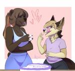 anthro bear cake canid canine clothed clothing dessert duo female food fur hair heart_symbol hi_res kaija licking licking_lips male mammal open_mouth osiris_henschel redpixie self_lick smile standing tongue tongue_out