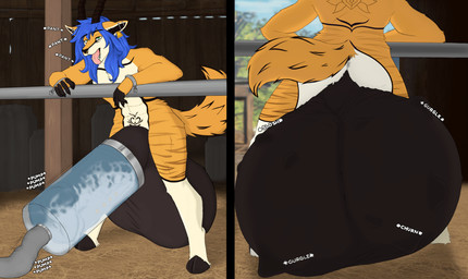 5_fingers animal_genitalia animal_penis antelope_horn anthro anus balls balls_noises barn big_balls big_penis black_balls black_claws blue_hair bodily_fluids bound bovid_horn breath chain chained chained_to_pole churn claws countershading cuff_(restraint) cum cum_in_milking_machine ejaculation equine_genitalia equine_penis feathers feet fingers front_view fur gazelle_horn genital_fluids genitals gurgling_balls hair hands_tied horn huge_balls huge_penis hyper hyper_balls hyper_genitalia hyper_penis inside machine male milking_machine milking_machine_on_male nude onomatopoeia open_mouth orgasm panting penile penis penis_milking penis_milking_machine rear_view restraints sloshing_balls solo sound_effects standing tail tail_feathers text toes tongue tongue_out two_panel_image white_body white_countershading womb_tattoo wrist_cuffs yellow_body yellow_eyes yellow_fur shira_stargazer evelyn_mihaylova antelope bovid equid equine gazelle horse mammal 2023 digital_drawing_(artwork) digital_media_(artwork) english_text hi_res