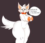 anthro big_breasts breasts collar collar_only dialogue eyes_closed female fur nipples nude red_collar simple_background solo tail text thick_thighs white_body white_fur wide_hips pokebii canid canine canis domestic_dog mammal english_text