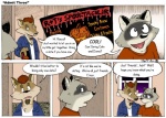 aiden_harris anthro canid canine canis closet_coon comic coyote dialogue duo ear_piercing english_text halloween holidays leafdog male mammal piercing procyonid raccoon rodney_waters text