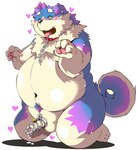 anthro balls belly big_belly blush bodily_fluids chastity_cage chastity_device collar cum genital_fluids genitals heart_symbol kemono leash lock male navel overweight overweight_male padlock paws penis solo chibineco canid canine canis domestic_dog mammal 2022 hi_res