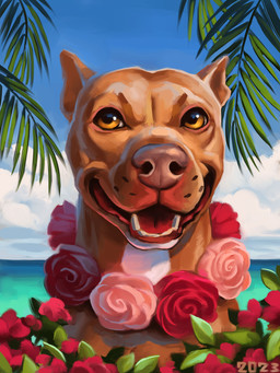 beach brown_body brown_fur feral flower flower_necklace fur open_mouth open_smile palm_tree plant quadruped smile solo tree whisker_spots white_neck_markings yellow_eyes alexpahomov canid canine canis domestic_dog mammal pit_bull 2023 3:4 absurd_res digital_media_(artwork) digital_painting_(artwork) hi_res painting_(artwork)