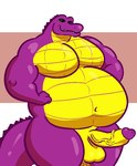 anthro balls belly big_belly erection genitals glans green_eyes humanoid_genitalia humanoid_penis looking_down male musclegut muscular pecs penis pose purple_body smug solo standing vein veiny_penis grungebeetle octariax alligator alligatorid crocodilian reptile scalie