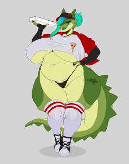 anthro big_breasts blue_eyes blue_hair box breasts clothed clothed_anthro clothed_female clothing container countershading dark_sclera delivery_(commerce) eyelashes female female_anthro fingers food_delivery footwear green_body green_skin green_tail hair hair_bun hat headgear headwear holding_box holding_container holding_object holding_pizza_box huge_breasts huge_thighs legwear multicolored_body navel non-mammal_breasts non-mammal_navel open_mouth open_smile overweight overweight_anthro overweight_female pizza_box pizza_delivery shirt shoes simple_background skimpy smile socks solo tail thick_thighs thigh_highs thigh_socks thong topwear under_boob underwear visor_cap white_clothing white_footwear white_socks wide_hips gatoradeew gatora_(gatoradeew) alligator alligatorid crocodilian reptile scalie 2025 absurd_res digital_media_(artwork) english_description full-length_portrait hi_res portrait