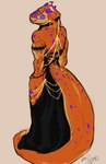 anthro clothed clothing dress fashion fin gold_(metal) horn jewelry looking_at_viewer male simple_background smile solo tail zerbug hollow_hip_backless_chain_dress mythology molohrum dragon gecko hybrid lizard mythological_creature mythological_scalie reptile scalie snake absurd_res hi_res sketch