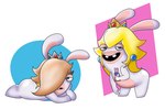 bent_over blonde_hair brown_hair clothing crown crown_only duo electronics female hair headgear headgear_only headwear headwear_only holding_object holding_phone looking_at_viewer lying mostly_nude on_front open_mouth phone simple_background standing impstripe mario_bros mario_plus_rabbids_kingdom_battle nintendo raving_rabbids rayman_(series) ubisoft rabbid_peach rabbid_rosalina lagomorph mammal rabbid crossover hi_res