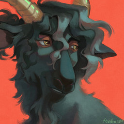 ambiguous_gender anthro beard curly_hair eyebrows facial_hair hair horizontal_pupils horn looking_away pupils simple_background smile solo tied_hair rendoas bovid caprine goat mammal 1:1 2024 bust_portrait dated detailed digital_media_(artwork) digital_painting_(artwork) icon painting_(artwork) portrait signature