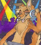 anthro black_nose blue_eyes brown_body brown_fur claws crowd disc_jockey eyebrows finger_claws fluffy fluffy_chest fur group head_tuft headphones_only looking_at_viewer male pink_tongue raised_eyebrows rave silhouette snout solo_focus tail tongue tongue_out tuft turntable_(decks) white_claws blondefoxy skuff_coyote canid canine canis coyote mammal 2007 marker_(artwork) pen_(artwork) traditional_media_(artwork)