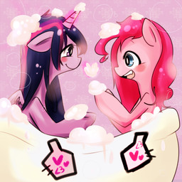 bath bathtub blue_eyes bubble duo feathered_wings feathers female feral fur hair heart_symbol horn long_hair multicolored_hair open_mouth pink_body pink_fur pink_hair purple_body purple_eyes purple_feathers purple_fur purple_hair smile two_tone_hair water wet wings coffeelsb friendship_is_magic hasbro my_little_pony mythology pinkie_pie_(mlp) twilight_sparkle_(mlp) earth_pony equid equine horse mammal mythological_creature mythological_equine pony winged_unicorn 1:1