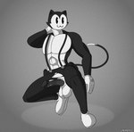 anthro balls big_balls big_penis black_body black_fur bottomwear clothing footwear fur genitals male muscular muscular_anthro muscular_male orange_body orange_fur pants penis shoes solo toony torn_clothing white_body white_fur unicuck epic_games fortnite meowscles meowscles_(toon) domestic_cat felid feline felis mammal hi_res monochrome