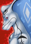 anthro black_body black_skin blue_body blue_sclera blue_skin collarbone looking_aside looking_at_viewer male nude outline red_background red_eyes side_view simple_background snake_hood solo white_body white_skin spookable savio_(vial) reptile scalie snake bust_portrait portrait