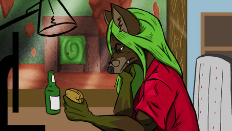 anthro bottle bread chair clothing container desk eyewear food furniture glasses highlights_(coloring) male muscular shirt solo table topwear jenota canid canine canis mammal wolf