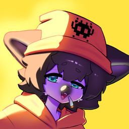 anthro blue_eyes blush blush_lines brown_hair cheek_tuft clothing drugs eyebrow_through_hair eyebrows facial_tuft hair hoodie light male marijuana open_mouth orange_clothing orange_hoodie orange_topwear simple_background smile smoking smoking_marijuana solo teeth tongue topwear translucent translucent_hair tuft yellow_background heykerart riu_(domigris8) domestic_cat felid feline felis mammal siamese_cat bust_portrait hi_res lighting portrait